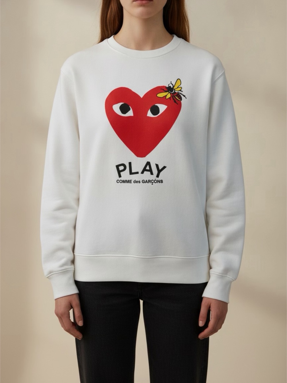 Comme des Garçons PLAY White Crewneck with Red Heart and Yellow Bee Sz M